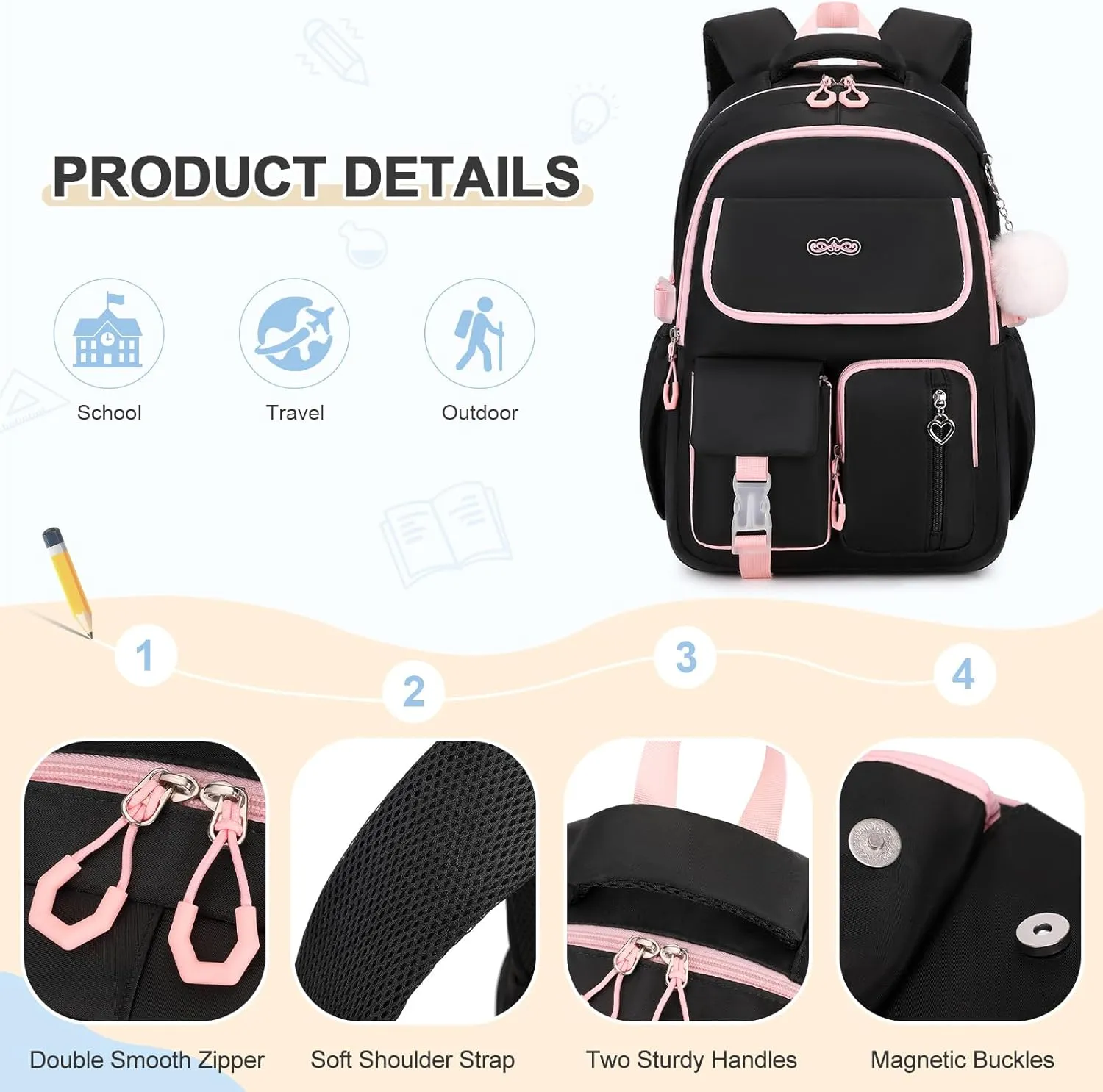 Backpacks for Girls, 3PCS School Backpack with Lunch Box Pencil Pouch for Teen Girls Kids Elementary Primary Middle High College School Bookbag Set （Black-Pink）