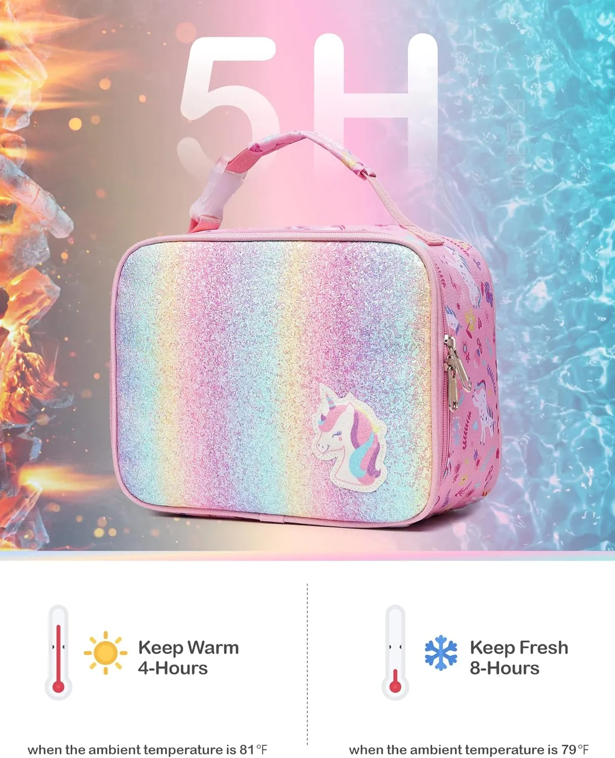 Bagseri Lunch Bag for Girls - Kids Lunch Box for Girls Reusable Leak-Proof and Insulated Kids Lunch Bag With Water Bottle Holder Toddler Lunch Box for Daycare and School, Glitter Pink Unicorn