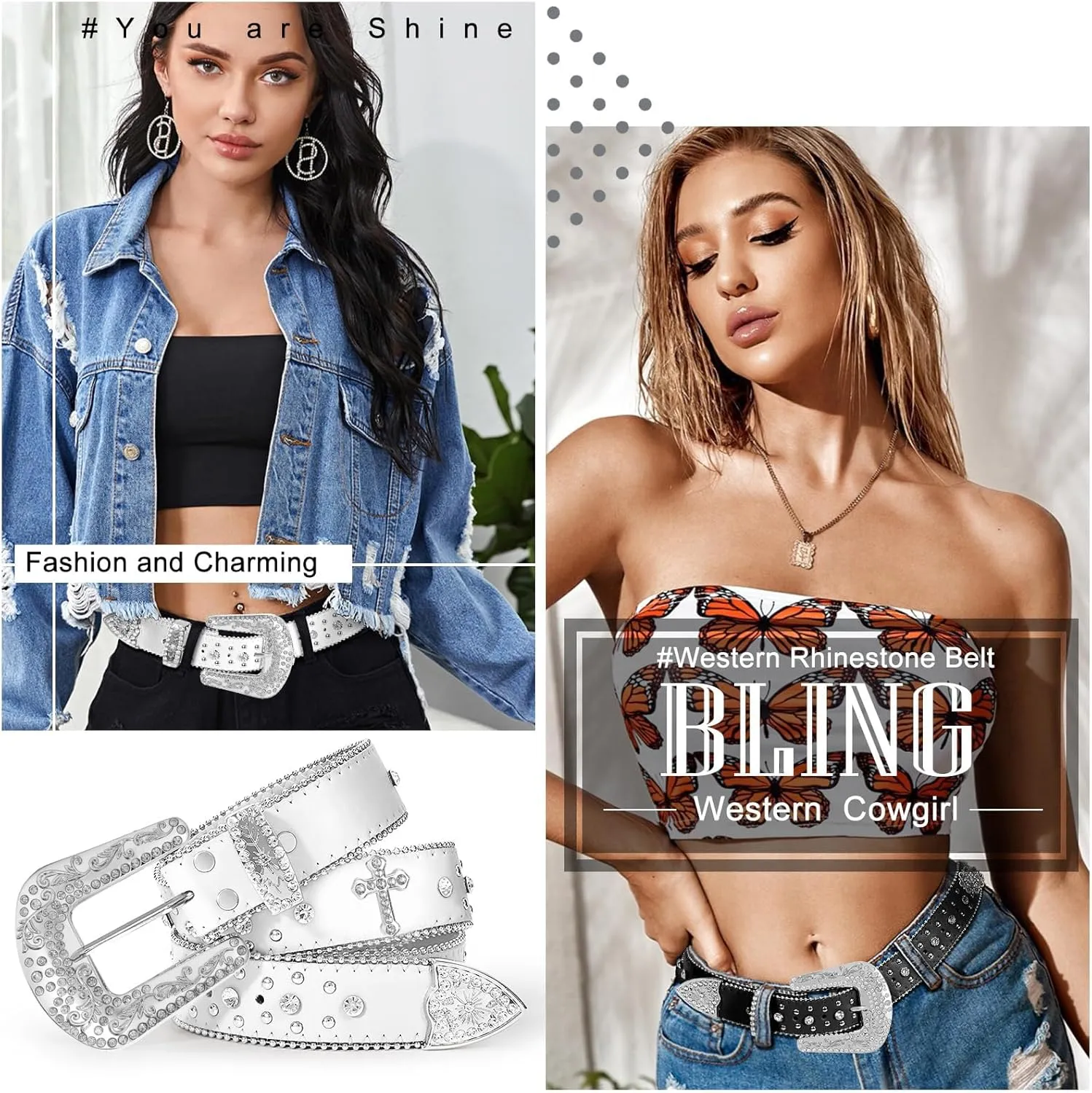 Balteus Sparkly Rhinestone Diamond Sequin Studded Belt for Men & Women - Western Cowgirl Cowboy Style