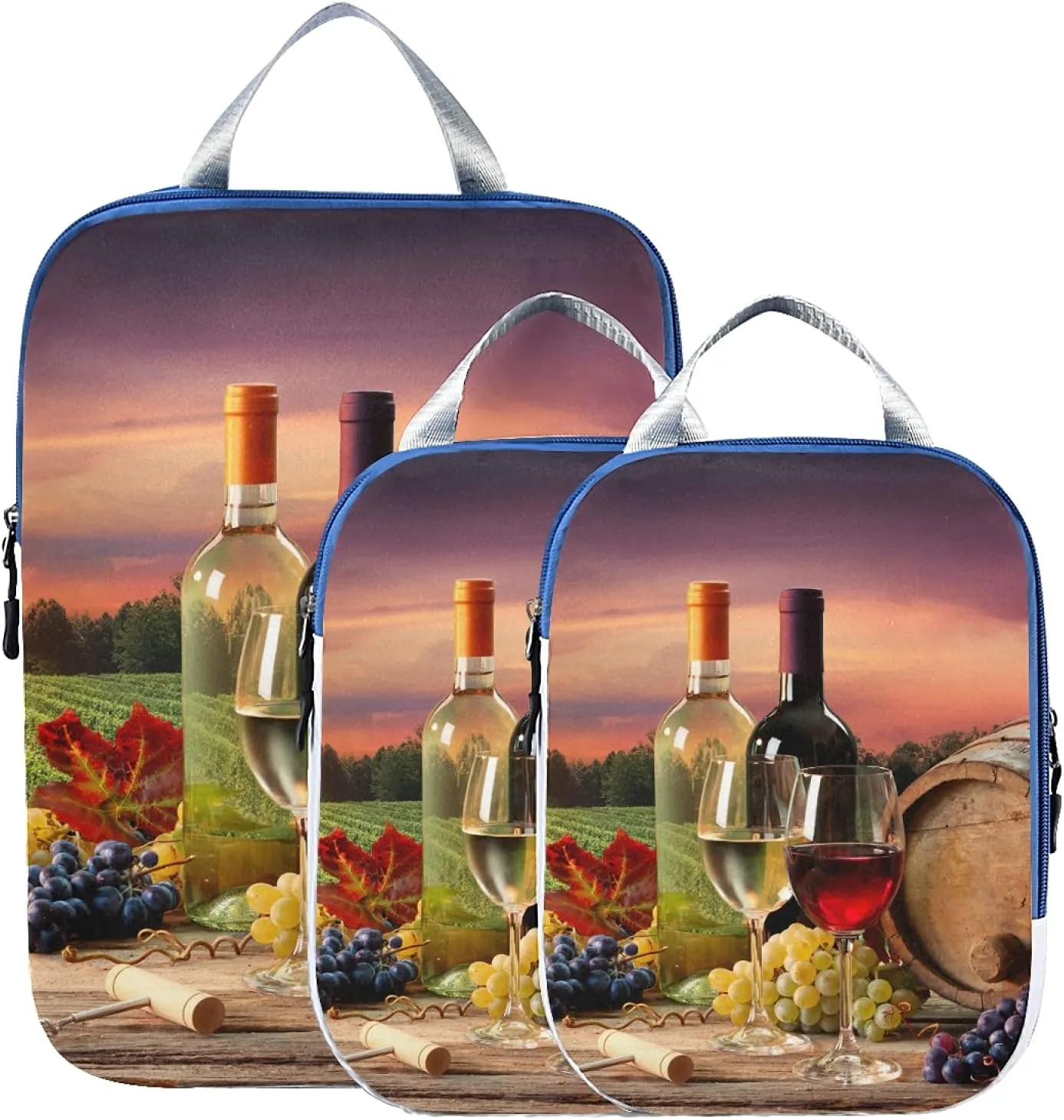 Barrel Red White Wine Grapes Glasses Bottle In Vineyard 3 Set Packing Cubes, Travel Packing Organizers, Waterproof Check Oxford cloth Toiletry Storage Bag