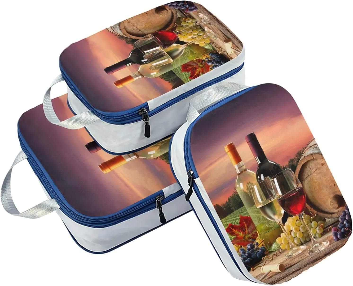 Barrel Red White Wine Grapes Glasses Bottle In Vineyard 3 Set Packing Cubes, Travel Packing Organizers, Waterproof Check Oxford cloth Toiletry Storage Bag