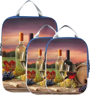 Barrel Red White Wine Grapes Glasses Bottle In Vineyard 3 Set Packing Cubes, Travel Packing Organizers, Waterproof Check Oxford cloth Toiletry Storage Bag