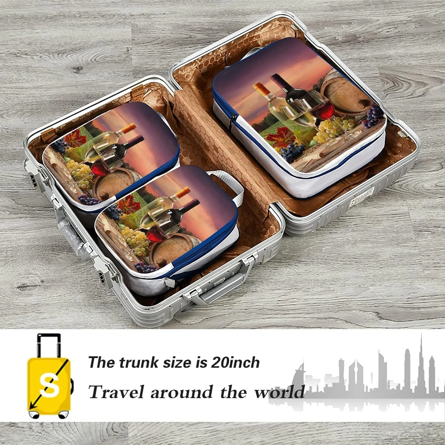Barrel Red White Wine Grapes Glasses Bottle In Vineyard 3 Set Packing Cubes, Travel Packing Organizers, Waterproof Check Oxford cloth Toiletry Storage Bag