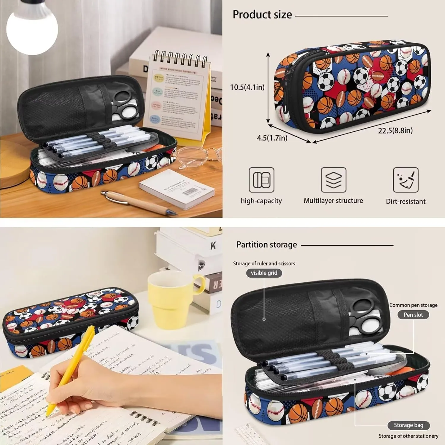 Basketball 3PCS Backpack Set Football Kids Schoolbag Sets with Lunch Bag Pencil Pouch Cute Students Bookbags for Girls Boys Grade 5 Lightweight Knapsack Wide Opening Laptop Backpack
