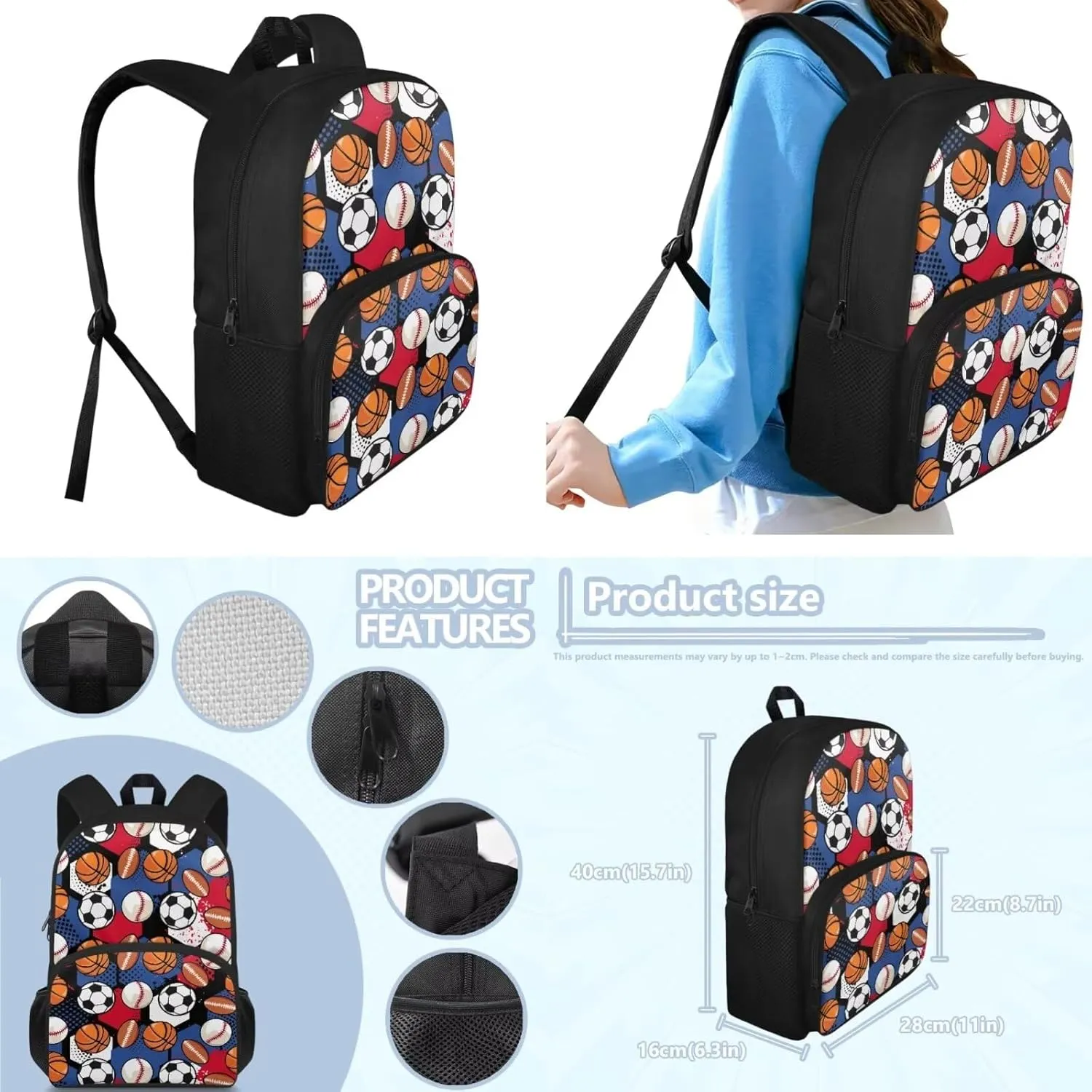 Basketball 3PCS Backpack Set Football Kids Schoolbag Sets with Lunch Bag Pencil Pouch Cute Students Bookbags for Girls Boys Grade 5 Lightweight Knapsack Wide Opening Laptop Backpack