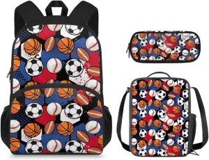 Basketball 3PCS Backpack Set Football Kids Schoolbag Sets with Lunch Bag Pencil Pouch Cute Students Bookbags for Girls Boys Grade 5 Lightweight Knapsack Wide Opening Laptop Backpack