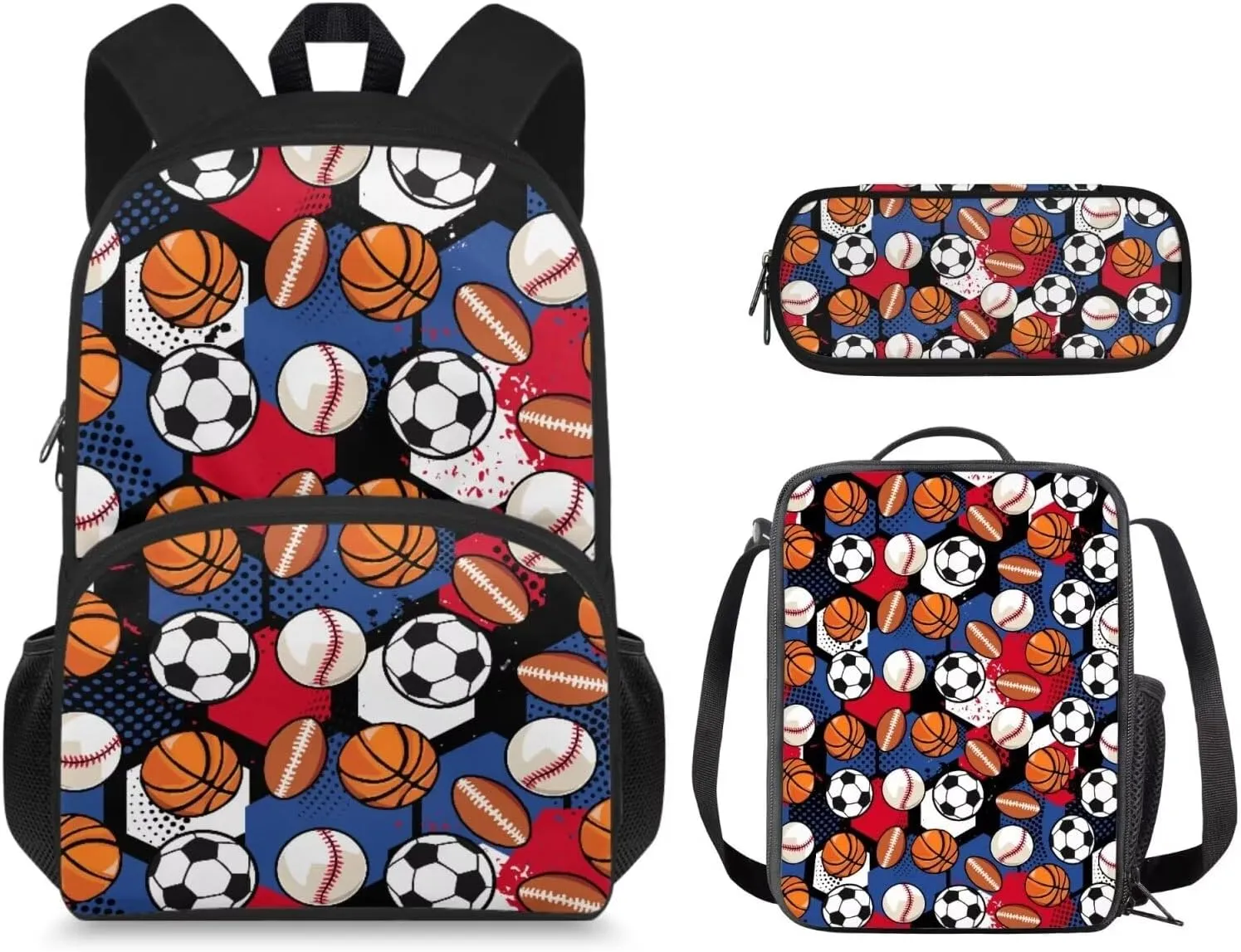 Basketball 3PCS Backpack Set Football Kids Schoolbag Sets with Lunch Bag Pencil Pouch Cute Students Bookbags for Girls Boys Grade 5 Lightweight Knapsack Wide Opening Laptop Backpack
