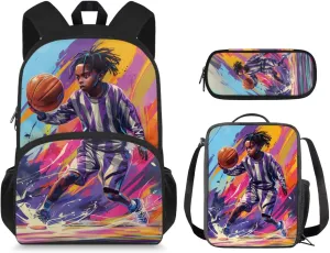 Basketball Backpack for Boys Kids Backpack with Lunch Box and Large Pencil Case 3 Pcs Set 15" Large Capacity Bookbag with Front Pocket for School Lightweight Kindergarten School Bag