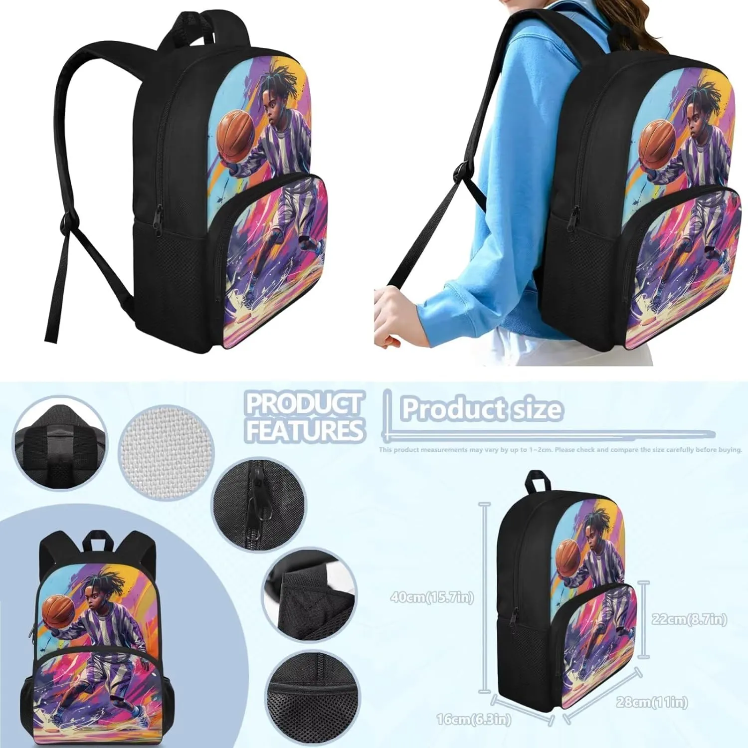 Basketball Backpack for Boys Kids Backpack with Lunch Box and Large Pencil Case 3 Pcs Set 15" Large Capacity Bookbag with Front Pocket for School Lightweight Kindergarten School Bag
