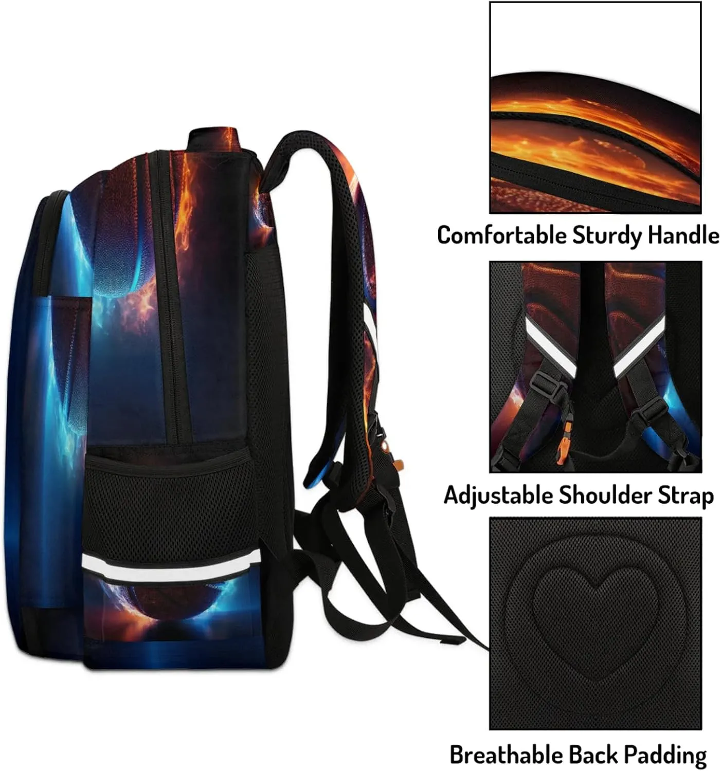 Basketball on Fire Travel Backpack Waterproof Laptop Shoulder Bag with Adjustable Strap Casual Hiking Gym Travel Daypack