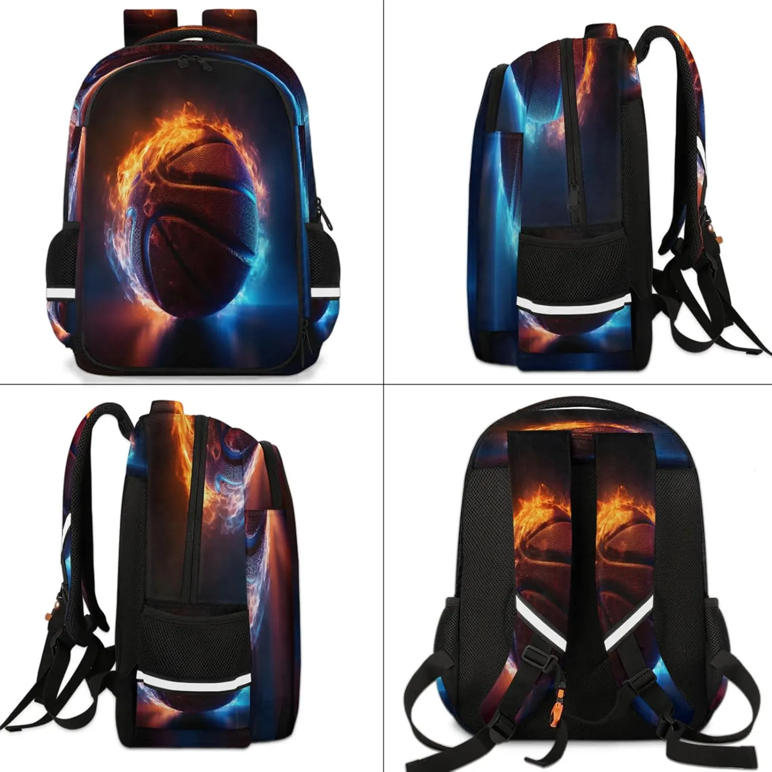 Basketball on Fire Travel Backpack Waterproof Laptop Shoulder Bag with Adjustable Strap Casual Hiking Gym Travel Daypack