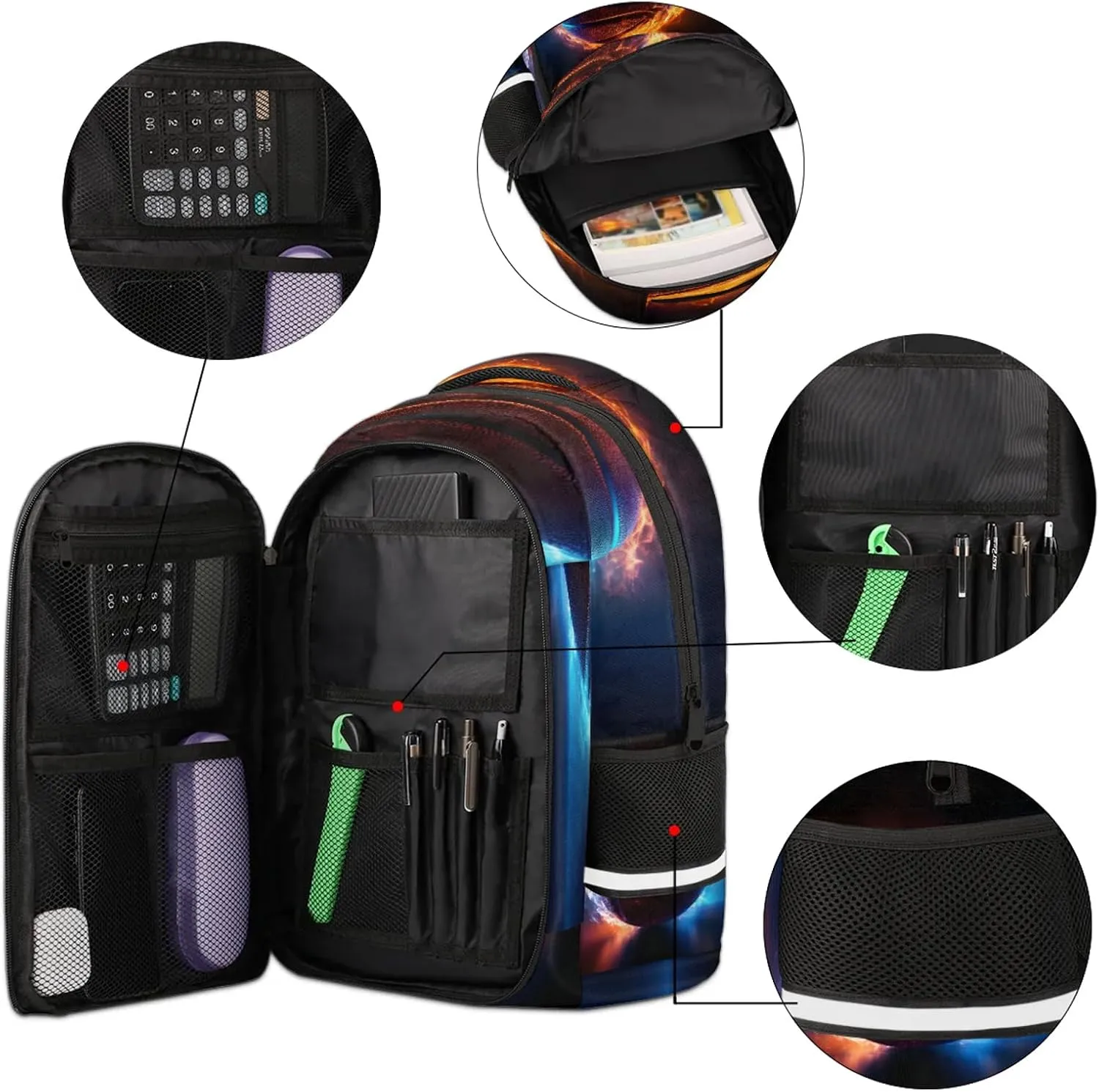 Basketball on Fire Travel Backpack Waterproof Laptop Shoulder Bag with Adjustable Strap Casual Hiking Gym Travel Daypack