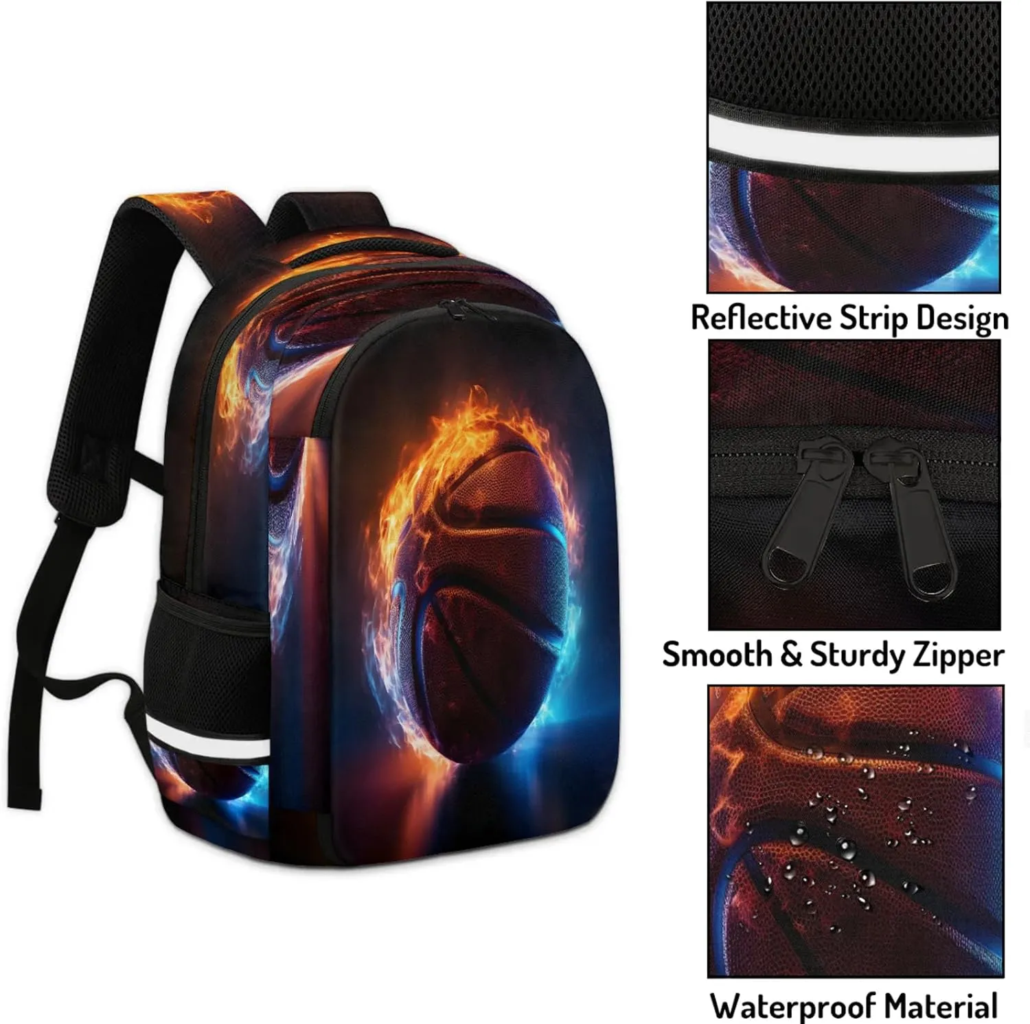 Basketball on Fire Travel Backpack Waterproof Laptop Shoulder Bag with Adjustable Strap Casual Hiking Gym Travel Daypack