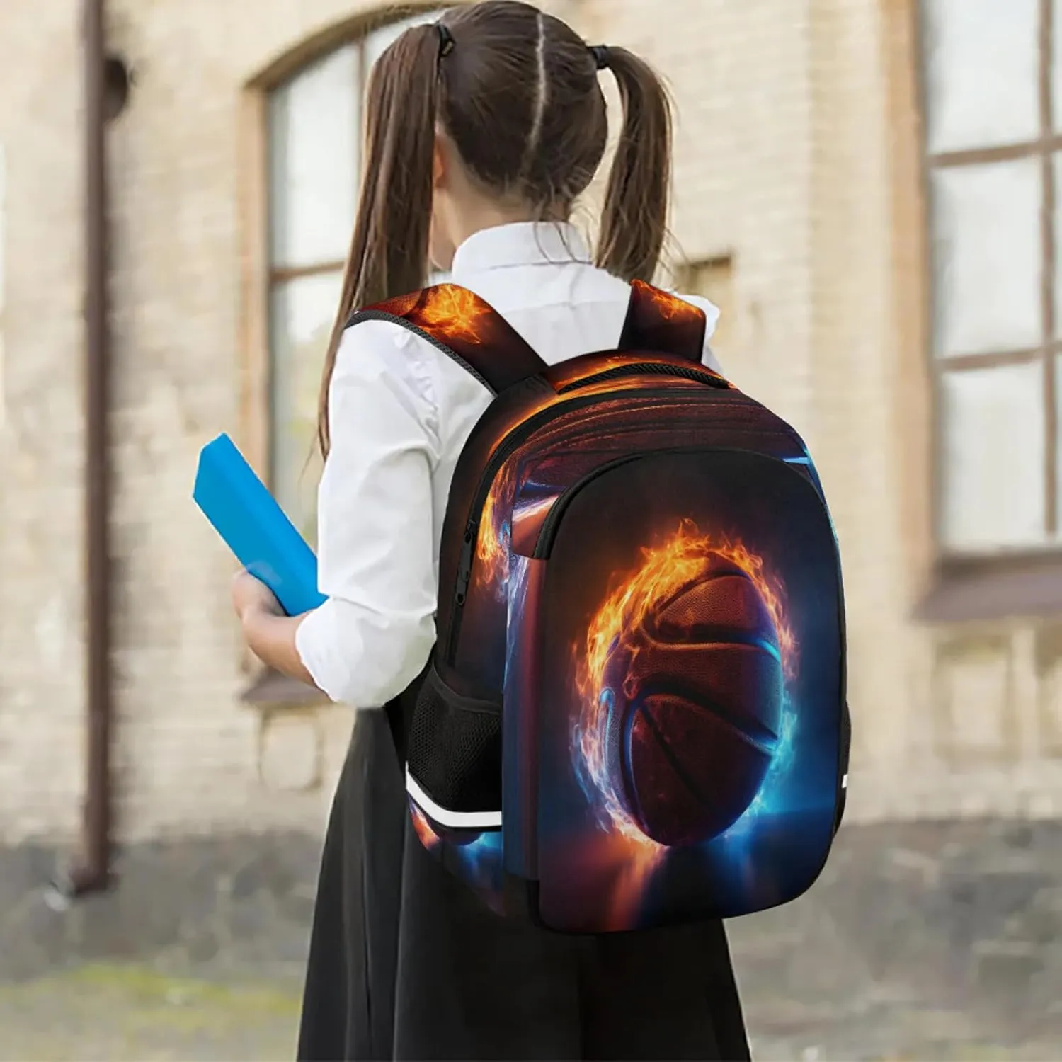 Basketball on Fire Travel Backpack Waterproof Laptop Shoulder Bag with Adjustable Strap Casual Hiking Gym Travel Daypack