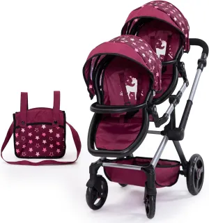 Bayer Design 26723AA Twin dolls pram, carriage, adjustable handle, foldable, bag, bordeaux, pink, stars