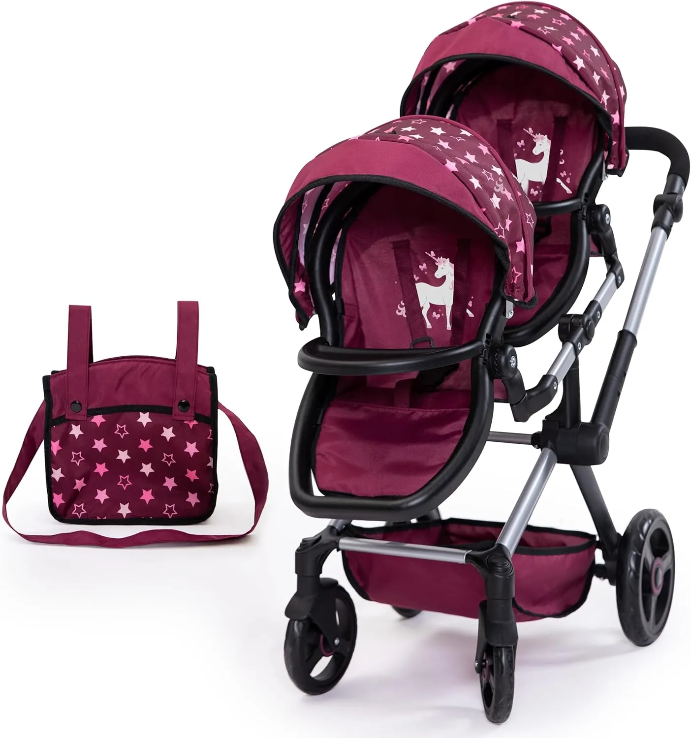 Bayer Design 26723AA Twin dolls pram, carriage, adjustable handle, foldable, bag, bordeaux, pink, stars