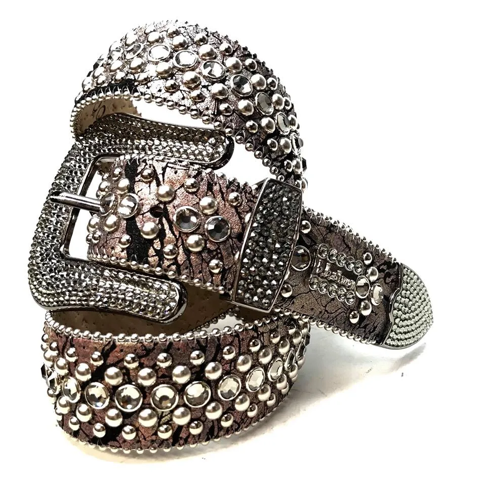 b.b. Simon Gray Crackle Leather Fully Loaded  Crystal Belt