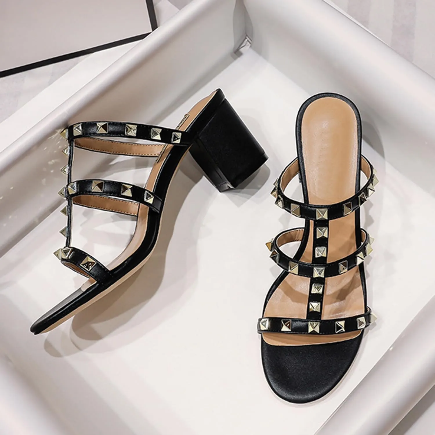 bbruriy Heeled Sandals with Studs for Womens Studded Strappy Chunky high heels Slingback Open toe block mid heel Dressy Pumps Shoes