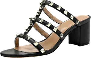 bbruriy Heeled Sandals with Studs for Womens Studded Strappy Chunky high heels Slingback Open toe block mid heel Dressy Pumps Shoes