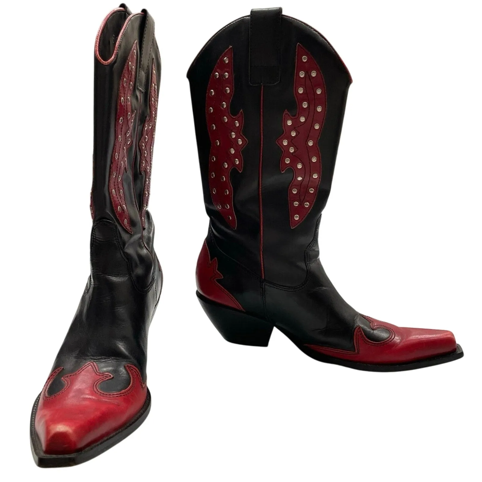 BCBGIRL Western Rodeo Boots 6.5 Black Red Studded Design