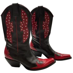 BCBGIRL Western Rodeo Boots 6.5 Black Red Studded Design