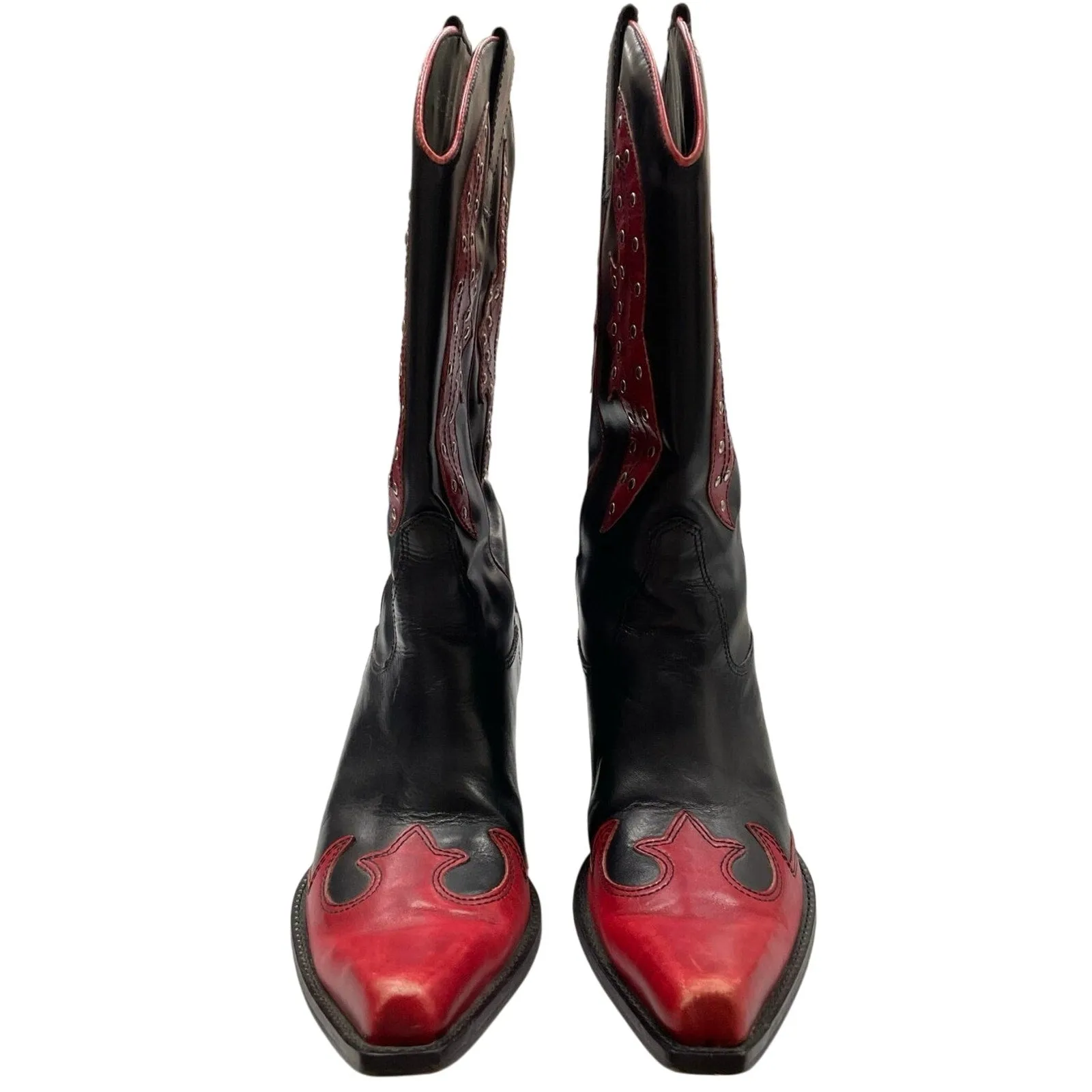 BCBGIRL Western Rodeo Boots 6.5 Black Red Studded Design