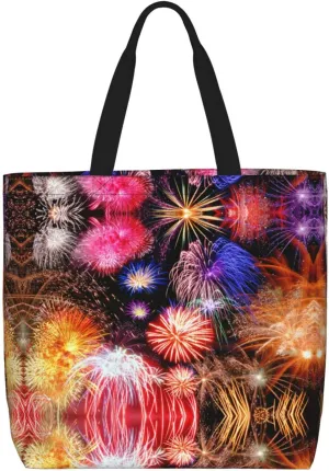 Beautiful Fireworks Print Tote Bags Reusable Grocery Bag Shoulde Bag Handbag For Office Shopping Travel Women