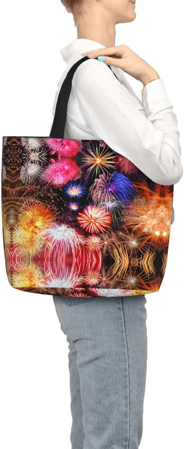Beautiful Fireworks Print Tote Bags Reusable Grocery Bag Shoulde Bag Handbag For Office Shopping Travel Women