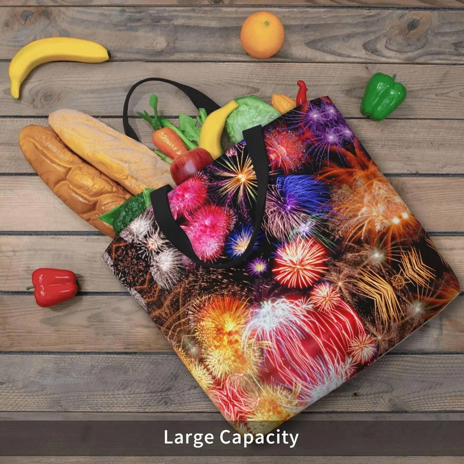 Beautiful Fireworks Print Tote Bags Reusable Grocery Bag Shoulde Bag Handbag For Office Shopping Travel Women