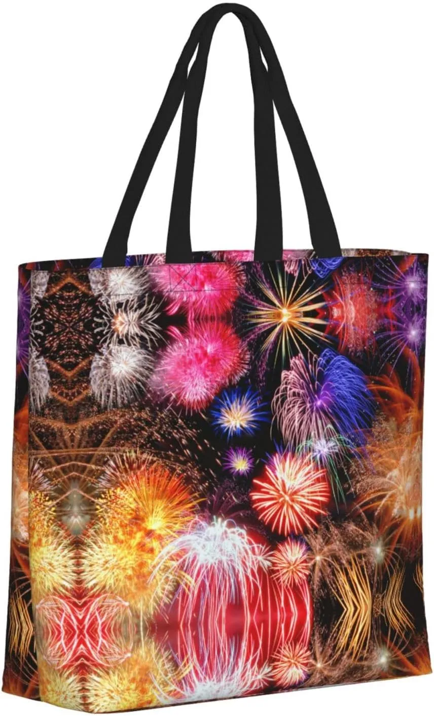 Beautiful Fireworks Print Tote Bags Reusable Grocery Bag Shoulde Bag Handbag For Office Shopping Travel Women