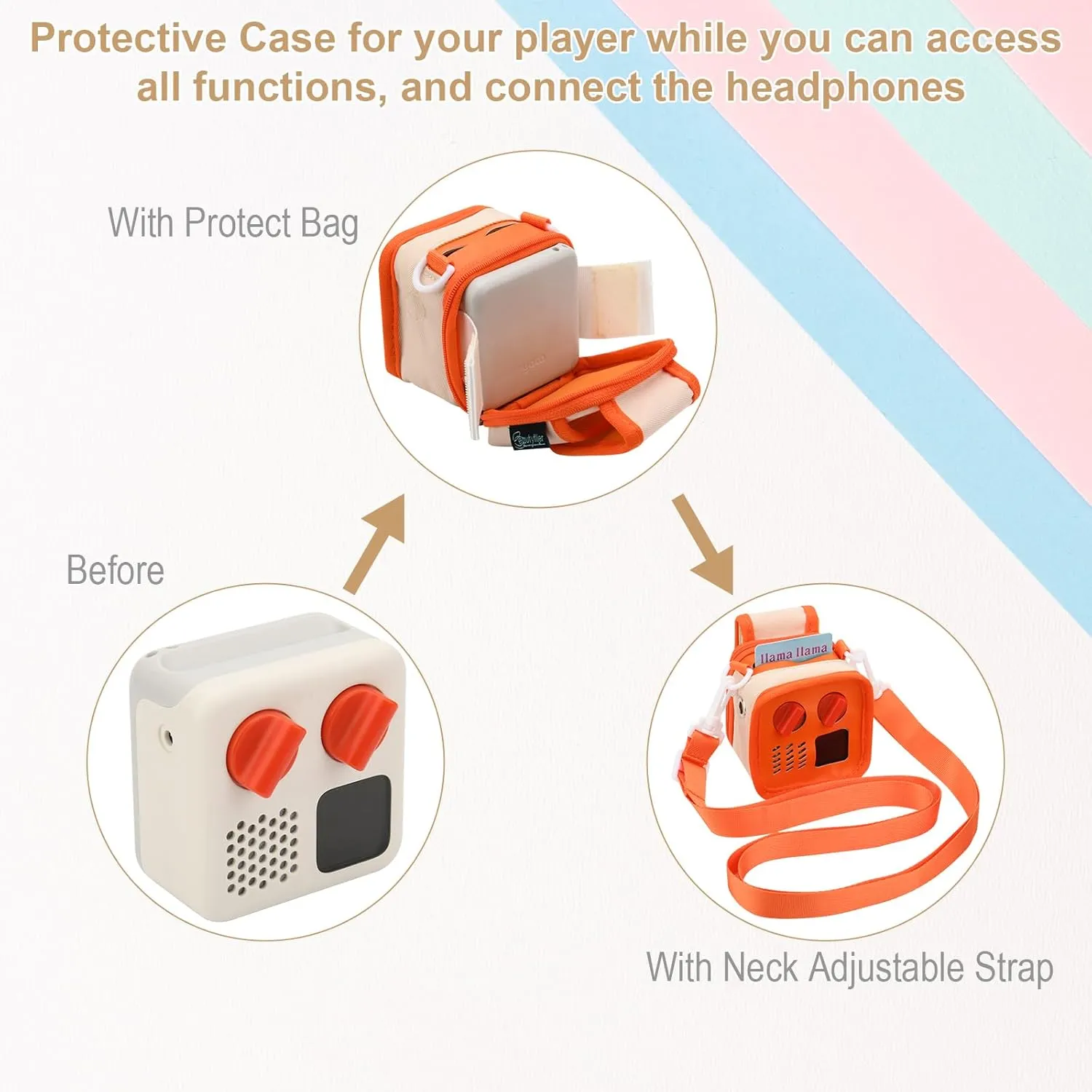 Beautyflier Travel Carrying Case Sleeve Compatible with Yoto Mini (2024 Edition), Audio Music Player Pouch Carrier with Shoulder Strap, Back Pocket for Cards, Accessories, Bag Only (Orange & Beige)