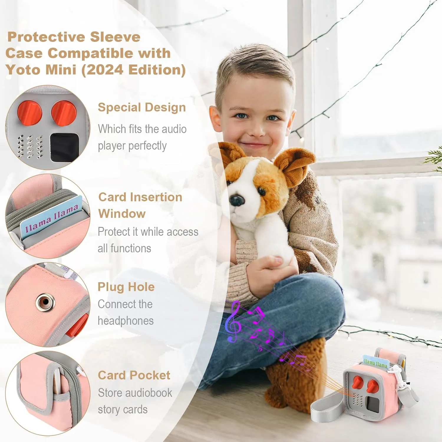Beautyflier Travel Carrying Case Sleeve Compatible with Yoto Mini (2024 Edition), Kids Audio Music Player Pouch Carrier with Shoulder Strap, Back Pocket for Cards, Accessories, Bag Only (Pink & Gray)