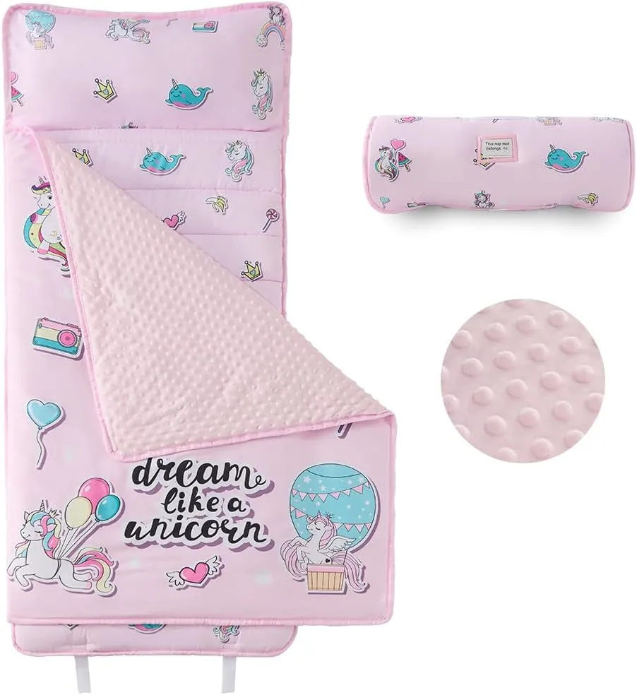 beeweed Toddler Nap Mat, Rollup Design Kid Sleeping Mat with Removable Pillow & Minky Blanket, Toddler Sleeping Bag for Daycare Preschool Travel Camping
