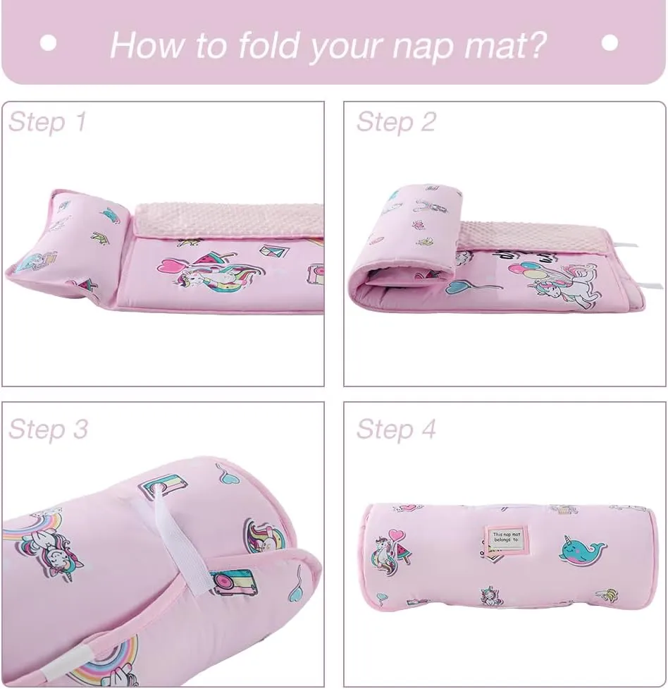 beeweed Toddler Nap Mat, Rollup Design Kid Sleeping Mat with Removable Pillow & Minky Blanket, Toddler Sleeping Bag for Daycare Preschool Travel Camping