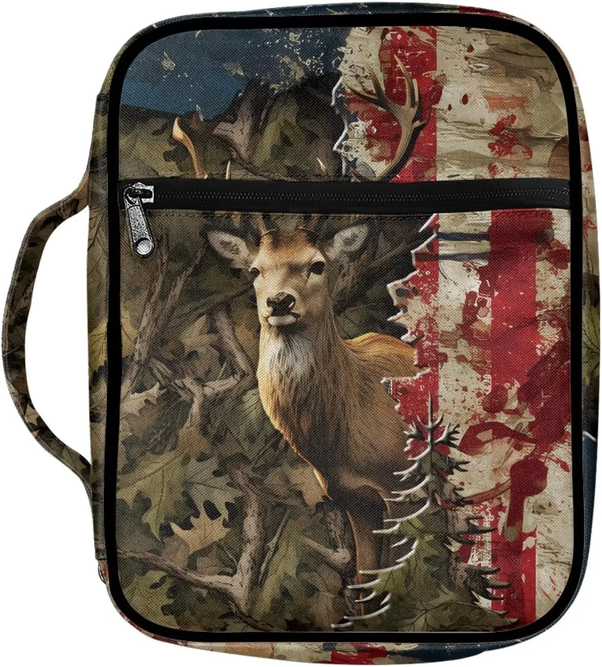 Belidome Hunting Camo Bible Cover Deer American Flag for Men Boys Women Girls Bible Case with Zipper Pockets Handle Pen Storage Book Journaling Protector Bible Tote Bag Patriotic Fourth of July Gifts