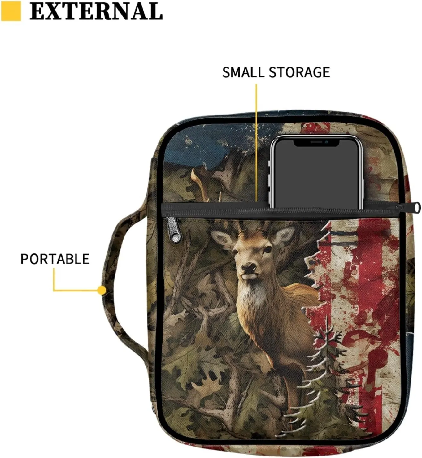Belidome Hunting Camo Bible Cover Deer American Flag for Men Boys Women Girls Bible Case with Zipper Pockets Handle Pen Storage Book Journaling Protector Bible Tote Bag Patriotic Fourth of July Gifts