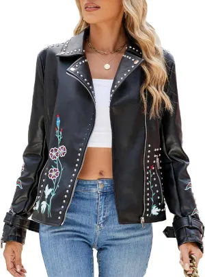 Bellivera Faux Leather Jacket for Women Studded Rivet Floral Moto Biker Short Lapel Coat