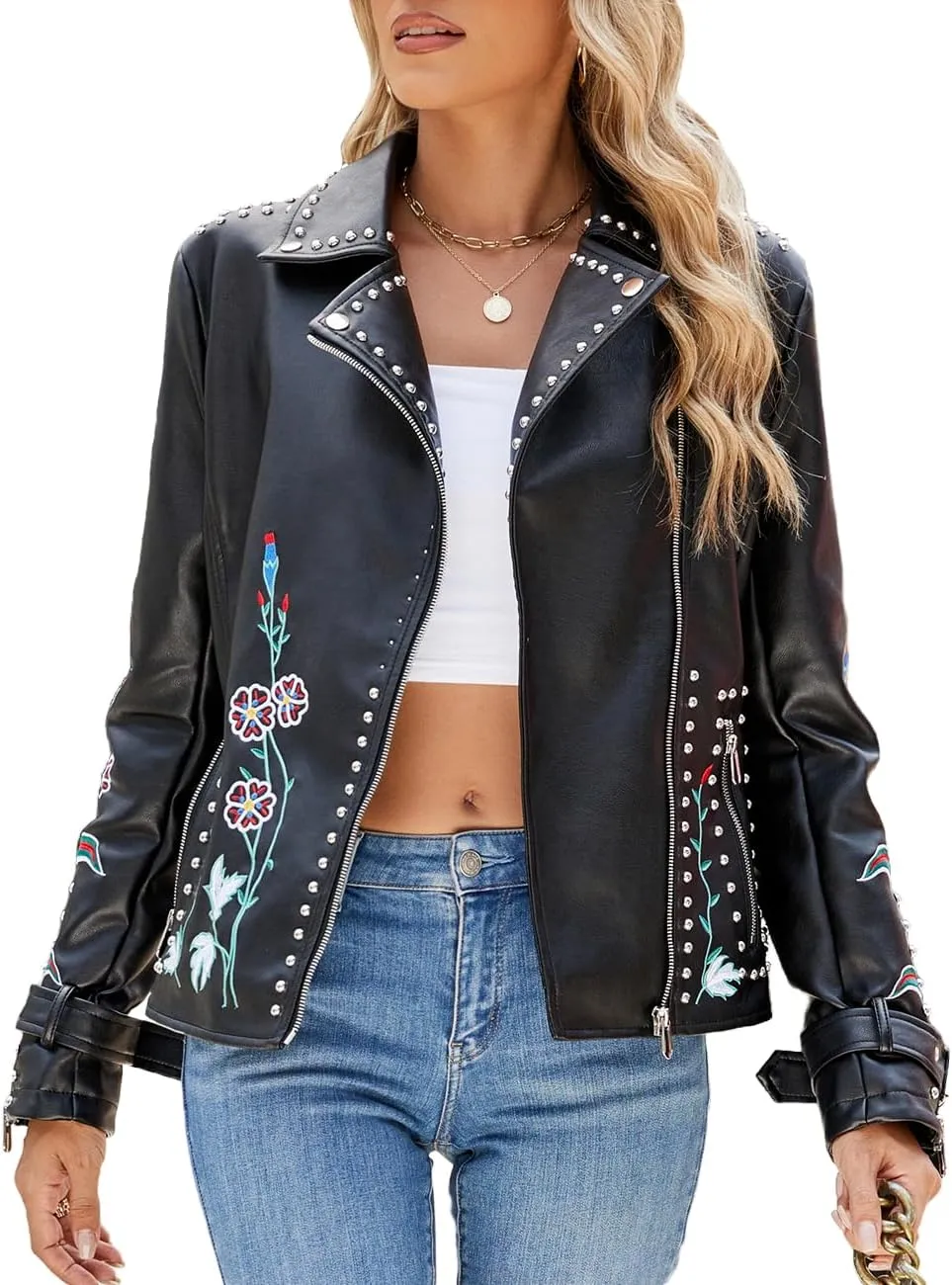 Bellivera Faux Leather Jacket for Women Studded Rivet Floral Moto Biker Short Lapel Coat