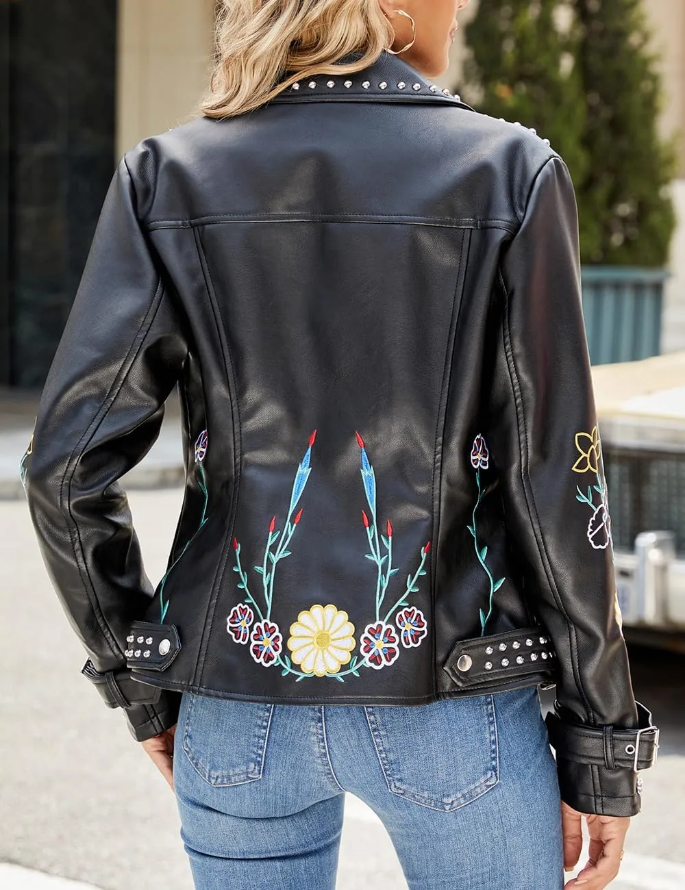 Bellivera Faux Leather Jacket for Women Studded Rivet Floral Moto Biker Short Lapel Coat