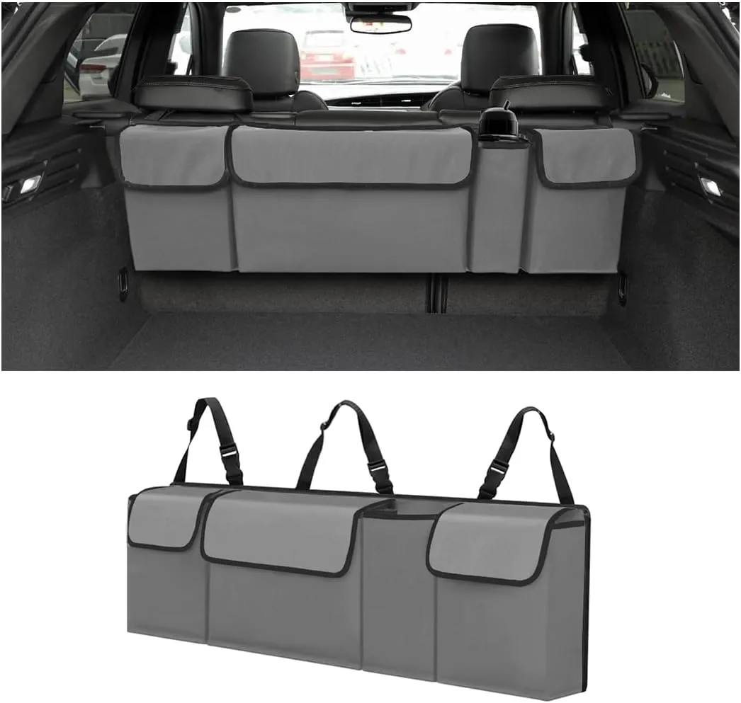 BELOMI Car Trunk Organizer, Auto Waterproof Sturdy Backseat Hanging Large Storage Collapsible Cargo Bag with Anti-Slip Adjustable Strip&4 Pockets, Vehicle Interior Accessories for Man Woman (Gray)