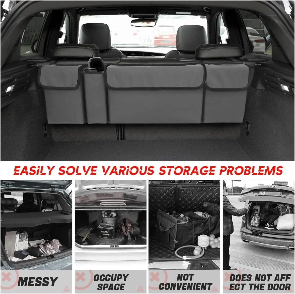 BELOMI Car Trunk Organizer, Auto Waterproof Sturdy Backseat Hanging Large Storage Collapsible Cargo Bag with Anti-Slip Adjustable Strip&4 Pockets, Vehicle Interior Accessories for Man Woman (Gray)