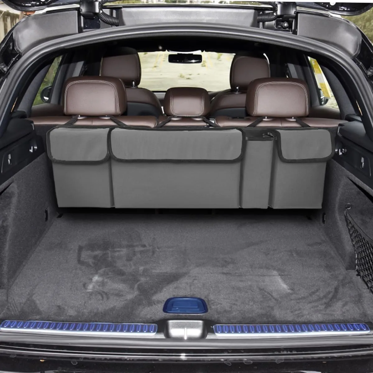 BELOMI Car Trunk Organizer, Auto Waterproof Sturdy Backseat Hanging Large Storage Collapsible Cargo Bag with Anti-Slip Adjustable Strip&4 Pockets, Vehicle Interior Accessories for Man Woman (Gray)