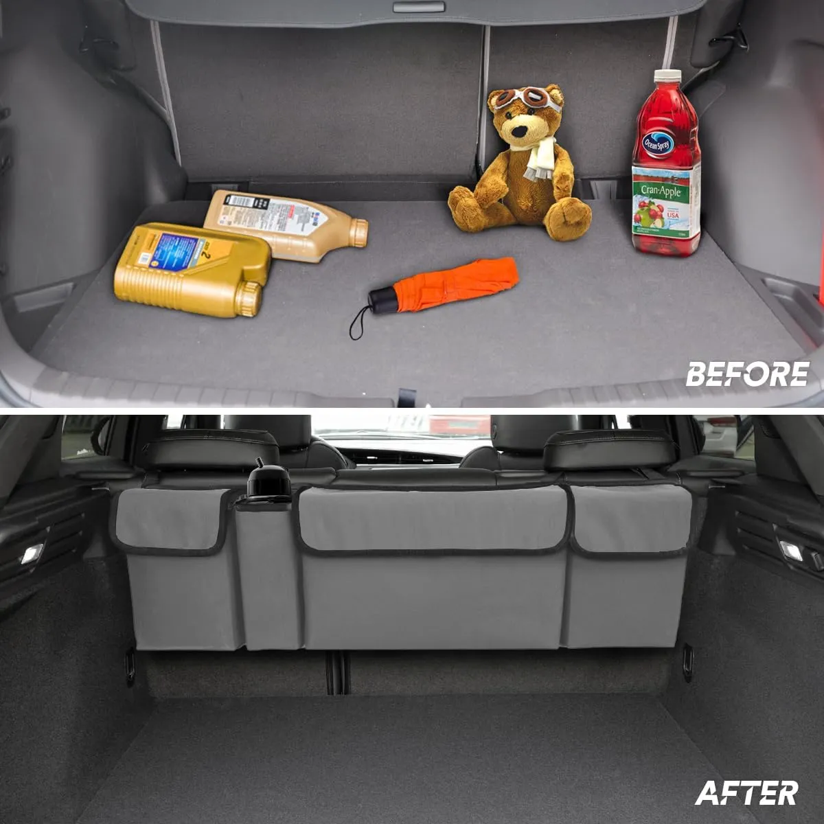 BELOMI Car Trunk Organizer, Auto Waterproof Sturdy Backseat Hanging Large Storage Collapsible Cargo Bag with Anti-Slip Adjustable Strip&4 Pockets, Vehicle Interior Accessories for Man Woman (Gray)