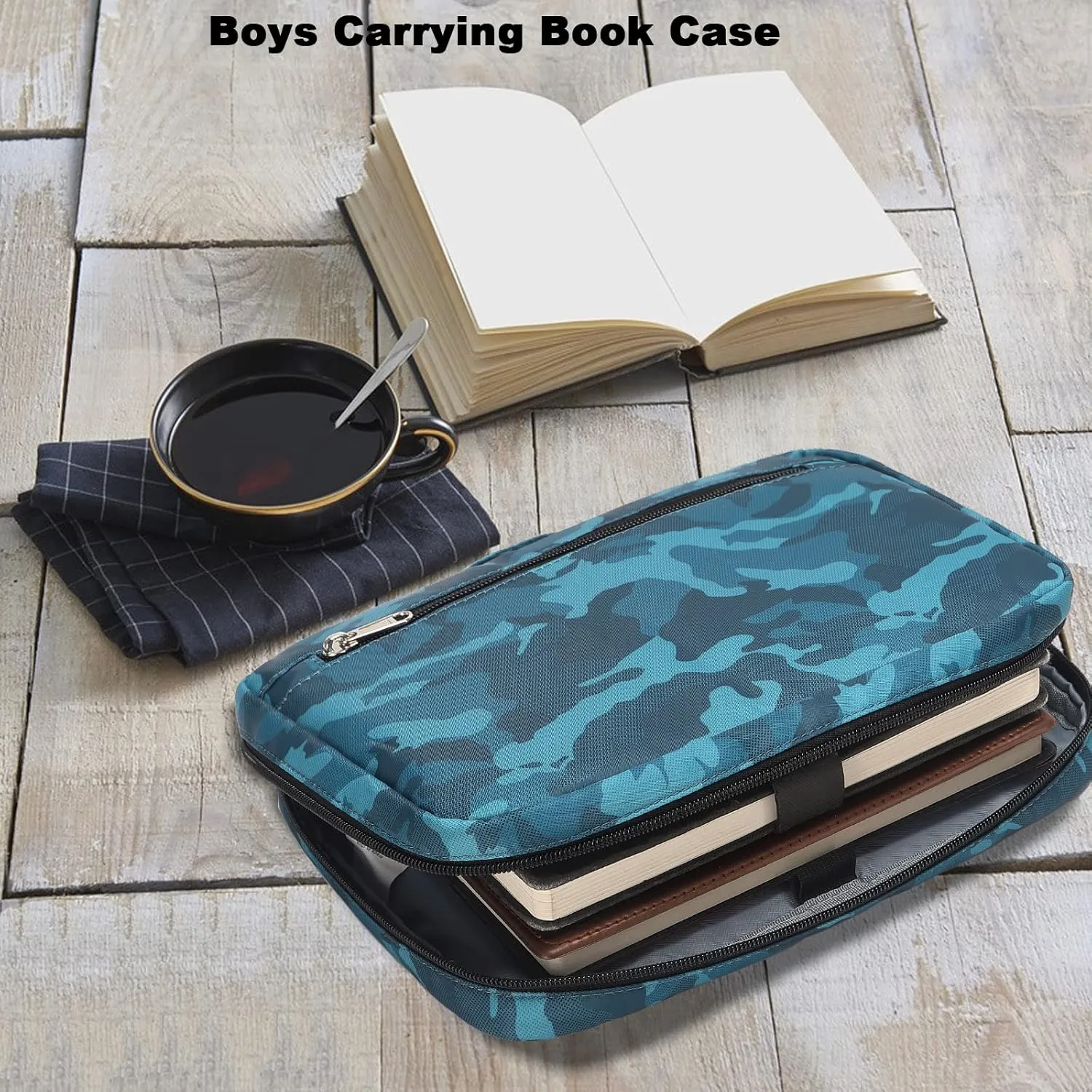 Bible Cover for Boys Kids Scripture Carrying Case with Handle Pockets Childrens Toddler LDS Handbook Holy Book Protector Pouch Teens Church Bag Hope Journaling Storage Organizer Camo Blue