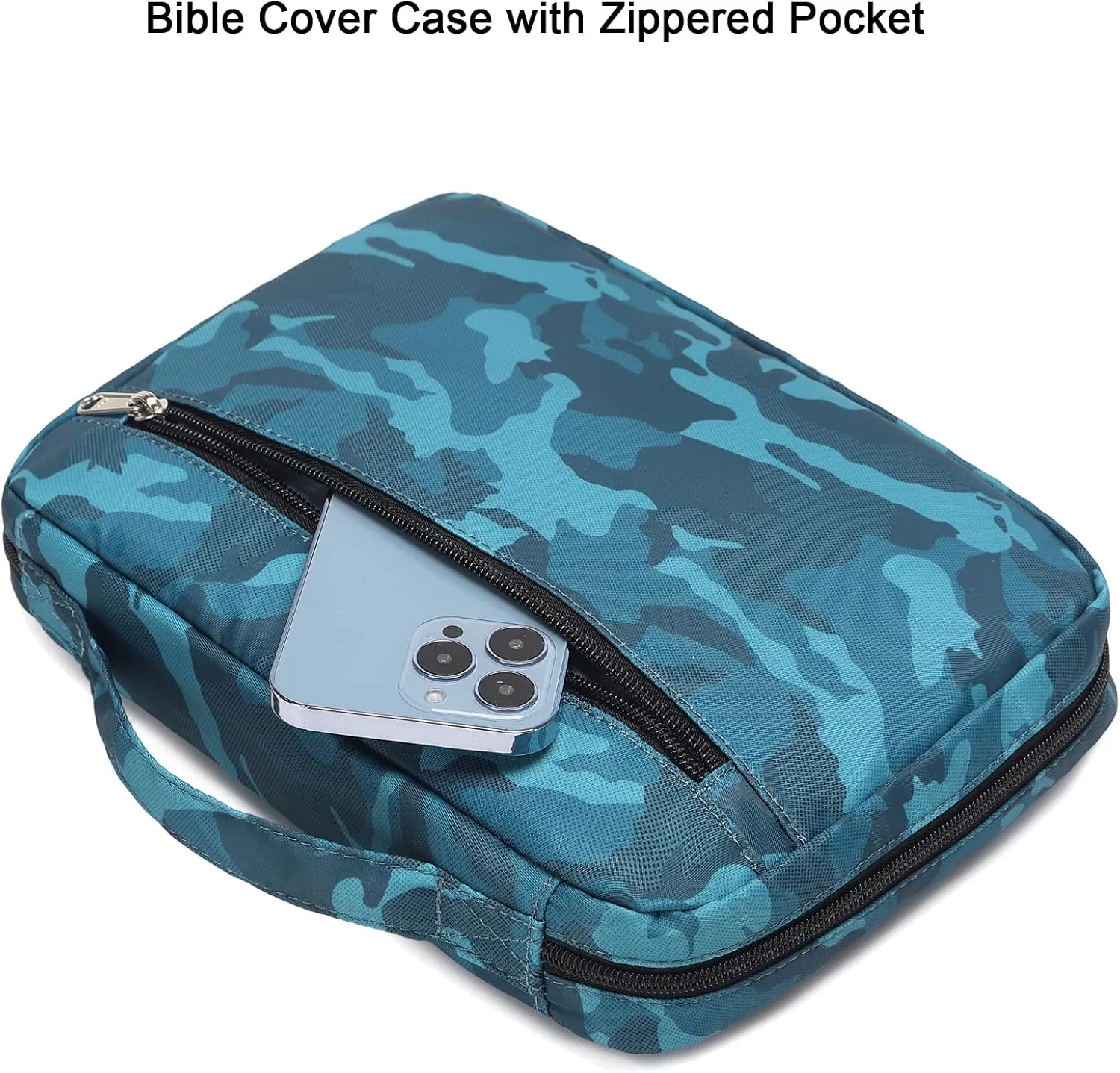Bible Cover for Boys Kids Scripture Carrying Case with Handle Pockets Childrens Toddler LDS Handbook Holy Book Protector Pouch Teens Church Bag Hope Journaling Storage Organizer Camo Blue