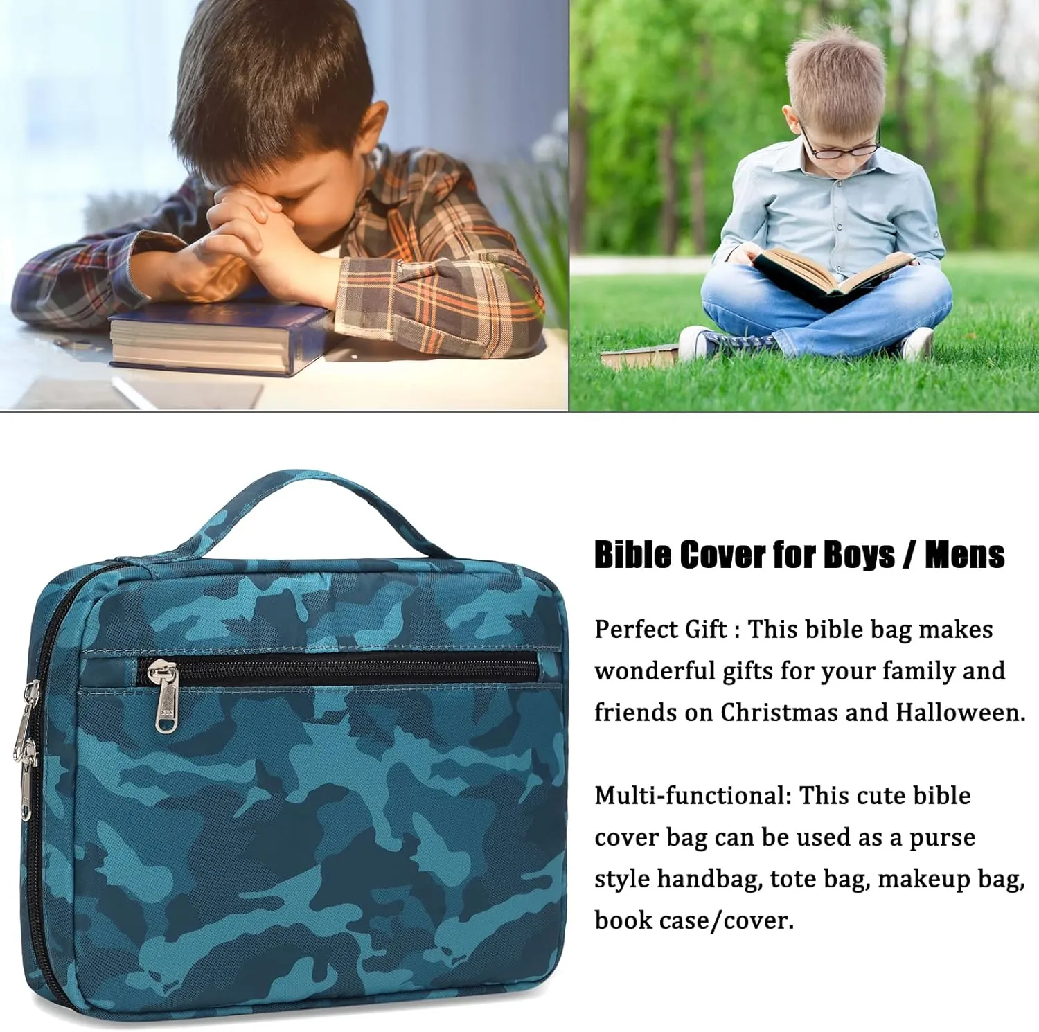 Bible Cover for Boys Kids Scripture Carrying Case with Handle Pockets Childrens Toddler LDS Handbook Holy Book Protector Pouch Teens Church Bag Hope Journaling Storage Organizer Camo Blue
