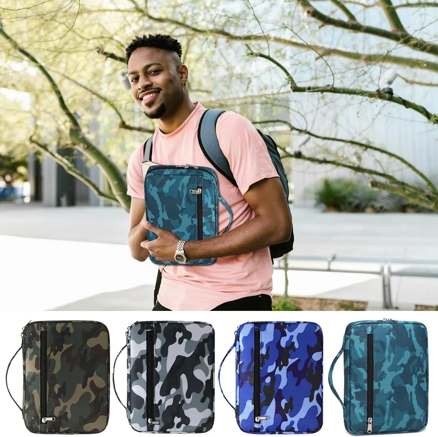 Bible Cover for Boys Kids Scripture Carrying Case with Handle Pockets Childrens Toddler LDS Handbook Holy Book Protector Pouch Teens Church Bag Hope Journaling Storage Organizer Camo Blue