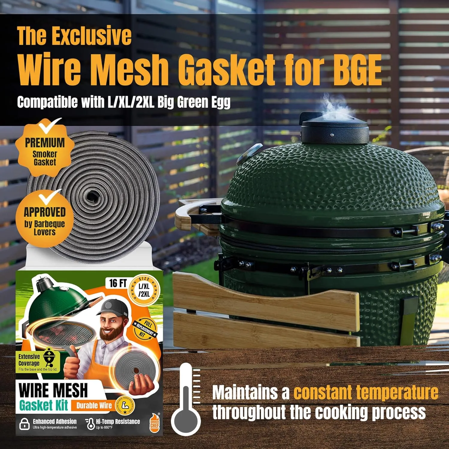 Big Green Egg Gasket Replacement Large/XL/XXL - 16 FT Wire Mesh Gasket - Fiberglass BGE Gasket - Compatible with Big Green Egg - Accessories & Parts for Grill by Smoker Chef