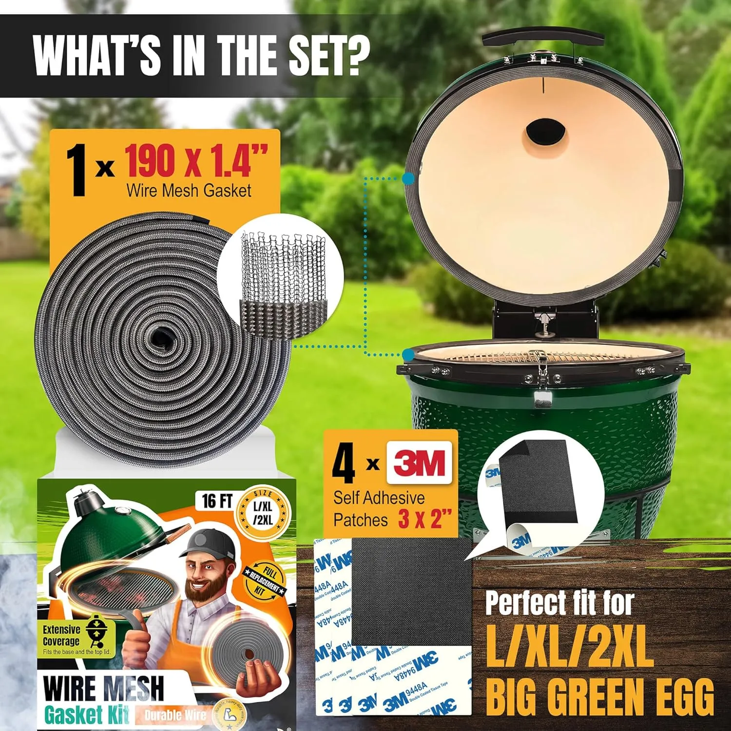 Big Green Egg Gasket Replacement Large/XL/XXL - 16 FT Wire Mesh Gasket - Fiberglass BGE Gasket - Compatible with Big Green Egg - Accessories & Parts for Grill by Smoker Chef