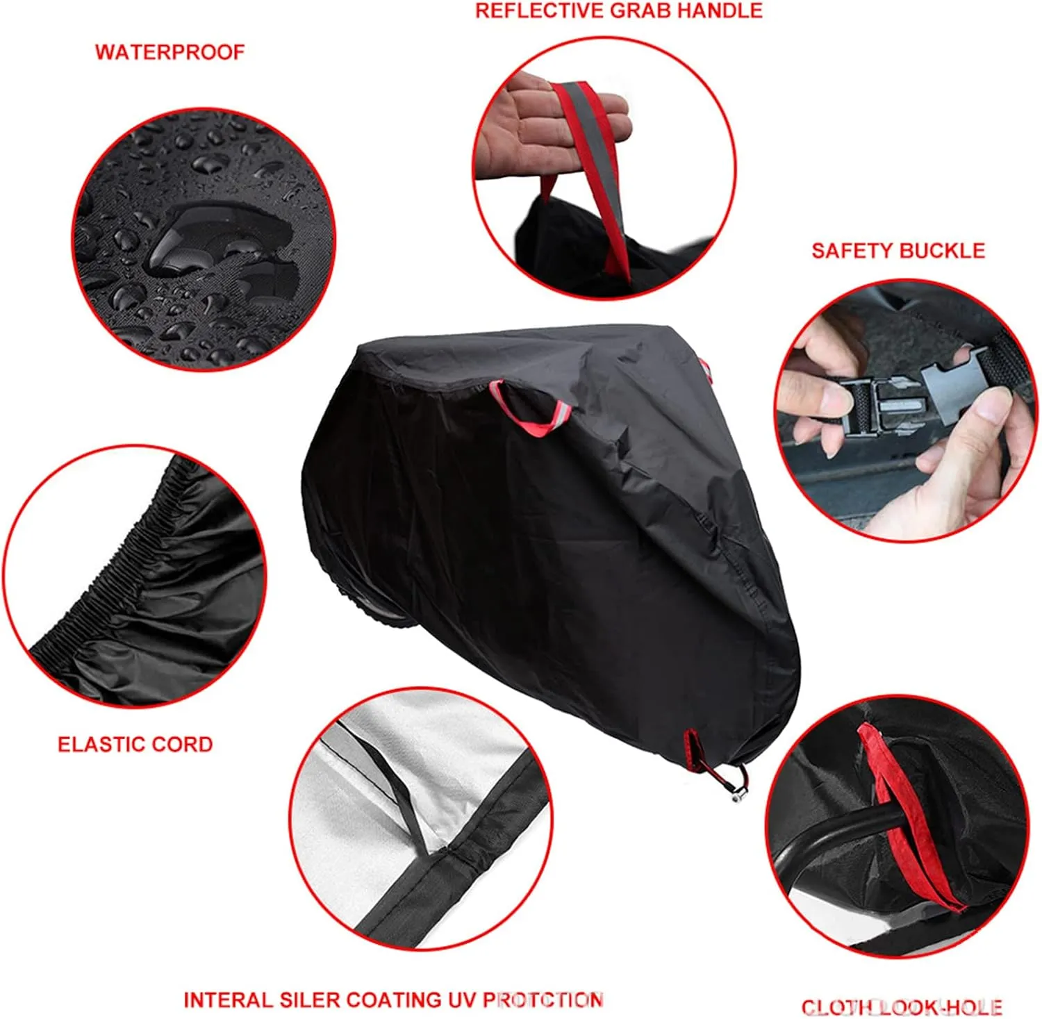 Bike Cover for Outside Storage, 210D Outdoor Waterproof Bicycle Covers Rain Sun UV Dust Proof with Lock Hole, Ideal for Mountain Road Electric Bike,Black,190X65X98cm
